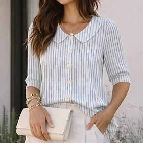 Dame Skjorte Sommer skjorte Casual skjorte Button Up skjorte Stribet Elegant Ferie Mode Halvlange ærmer Peter Pan krave Almindelige toppe Streetwear Strand Fer