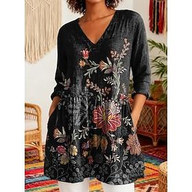 Dame Bluse Trykt mønster Blomstret Grafisk Ferie Årgang Daglig Langærmet 3/4-ærmer V-hals Lange toppe Afslappet Daglig Ferie Sort Orange Sommer Forår Efterår