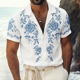 Men's Floral Print Flowers Shirt Button Up Shirt Camp Collar Shirt Short Sleeves Vintage Retro Casual Daily Beach Vacation Wear Summer Spring Cuban Collar 3D P