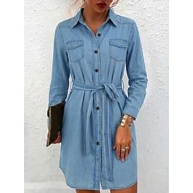 Dame Knælange Kjole Denimkjoler Hverdagskjole A Linje Kjole Mode Basale Daglig udendørs Ferierejse Regulær Vanlig Langærmet Krave Lyseblå Sommer Forår
