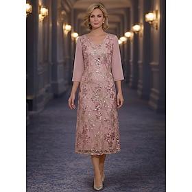 A-linje Ankellængde Te-længde Formel kjole Kjole til brudens mor 3/4-ærmer V-hals Elegant Årgang Udsmykket Formel Chiffon Blondelukning med Paillette Broderi