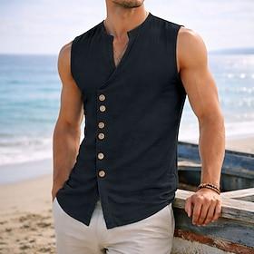 Men's Shirt Linen Shirt Beach Shirt Vintage Shirt Sleeveless Shirt Plain Casual Daily Black White Sky Blue Khaki Sleeveless V Neck Summer Spring Clothing Appar