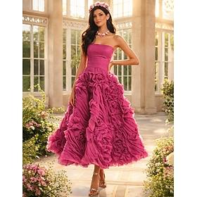 A-Line Ankle Length Prom Dresses Floral Puffy Sleeveless Strapless Garden Party Wedding Guest Tulle Backless with Ruched
