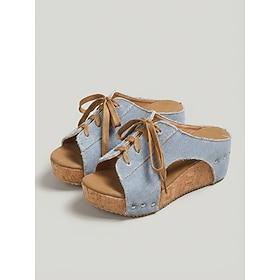 Women's Denim Blue Wedge Sandals – Casual Lace-Up Slide Shoes with Platform Sole for Summer Travel, Walking and Daily Wear