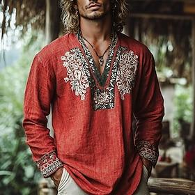 Men's Popover Shirt Summer Shirt Beach Wear Vintage Shirt Ethnic Shirt Floral Vacation Holiday Yellow Blue Orange Brown Long Sleeve V Neck Summer Spring Clothi