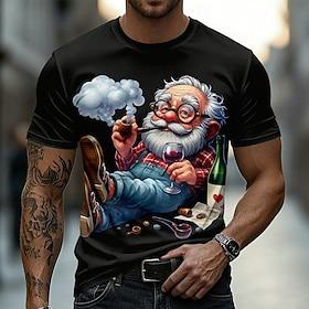 Herre-t-shirt med glad gammel mand, der ryger pibe og drikker vin, 3D-tegneseriegrafik, sjov humor, grafik, rund hals, korte ærmer, pensionsgave til bedstefar,