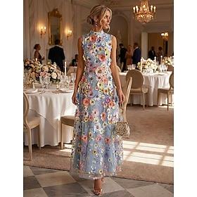 A-Line Ankle Length Cocktail Dresses Elegant Floral Sleeveless High Neck Wedding Formal Lace with 3D Flowers Embroidery Appliques