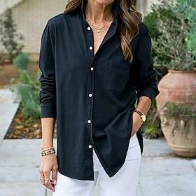 Dame Skjorte Sommer skjorte Casual skjorte Button Up skjorte Lomme Knapper Helfarve Vanlig Ferie Mode Daglig Langærmet Aftæpning Almindelige toppe Streetwear S