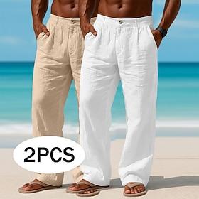 Men's Linen Pants Trousers Summer Pants Baggy Pants Beach Pants Pocket Plain Comfort Breathable Full Length Casual Daily Outdoor Vacation Fashion WhiteKhaki Br