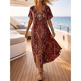 Women's Maxi Dress Sundress T Shirt Dress Tee Dress A Line Dress Vacation Casual Beach Going out Loose Fit Floral Graphic Tribal Short Sleeve V Neck Red Purple