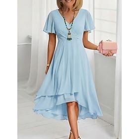 Women's Midi Dress Casual Dress Chiffon Dress Swing Dress Elegant Fashion Modern Outdoor Vacation Going out Regular Fit Plain Short Sleeve V Neck Blue Light Pi