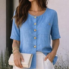 Women's Shirt Casual Shirt Button Up Shirt Faux Cotton Linen Solid Color Plain Vacation Fashion Casual Half Sleeve Crew Neck Regular Tops Streetwear Beach Holi