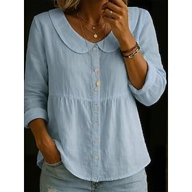 Dame Bluse Helfarve Årgang Daglig Stilfuld Langærmet Peter Pan krave Almindelige toppe Daglig Blå Hvid Lyserød Orange Grøn Sommer Forår