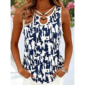 Women's Keyhole Top Tunic Tank Top Keyhole Floral Graphic Geometric Stylish Classic Sleeveless Asymmetrical Long Tops Casual Daily Blue Navy Blue Summer Spring