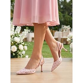 Women's Pink Lace Slingback Heels – Elegant Pointed Toe Pumps for Garden Wedding Guests  Summer Parties
