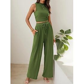 Women's Two Piece Sets Sleeveless Plain Elegant Vacation Fashion Black Light Green Orange Summer Regular Fit