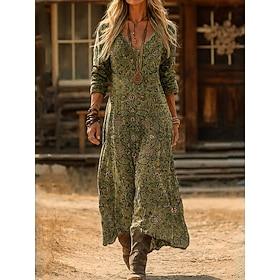 Women's Maxi Dress Sundress Vacation Casual Boho Daily Regular Fit Floral Geometric Long Sleeve V Neck Red Purple Green Summer Spring