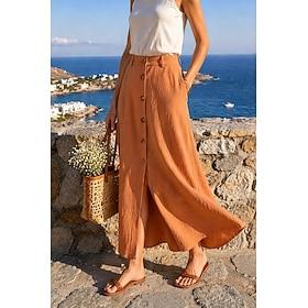 Women's Vacation Skirt Faux Cotton Linen Skirt Fashion coastalgrandmastyle Casual Summer Maxi Mid Waist Skirts Solid Colored Inelastic Daily Vacation Black W