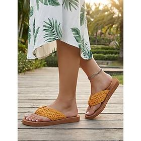 Women's Mustard Yellow Braided Flip Flops - Bohemian Crochet Thong Sandals with Comfortable Flat Sole for Outdoor Resort Vacations, Tropical Garden Strolls Su