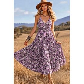 Dame Maxikjole Boho-kjole Sommerkjole Hverdagskjole Etnisk kjole Elegant Boheme Ferie Strand Ferie Stævnemøde Løstsiddende Blomstret Grafisk Uden ærmer V-hals