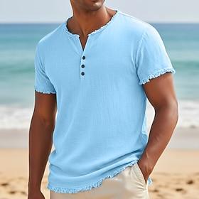 Men's Tee Top Linen T-Shirt Short Sleeve Plain Solid Fashion Designer Basic Soft Plain Henley Casual Beach Vacation Spring  Summer Summer Spring Pink White Lig