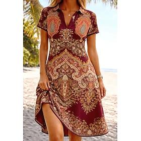 Women's Knee Length Dress A Line Dress Vacation Casual Boho Beach Regular Fit Graphic Paisley Boho Paisley Damask Short Sleeve V Neck Red Summer Spring