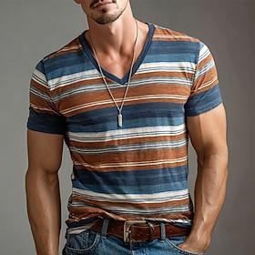 Men's Blue Brown Multi Color Horizontal Stripes Retro Vintage 70s Aesthetic Slub T Shirt Tee All Over Print Slim Muscle Fit V Neck Summer Casual Daily Designer