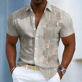 Men's Geometric Ethnic Greek Key Shirt Button Up Shirt Short Sleeve Fashion Casual Daily Outdoor Vacation Summer Spring Turndown 3D Print Linen Like Shirt Blue