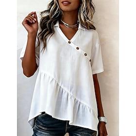 Women's T Shirt Tee Top Ruffle Buttons Plain Fashion Stylish Classic Short Sleeve V Neck Regular Tops Daily Going out Weekend Blue Black White Pink Khaki Summe