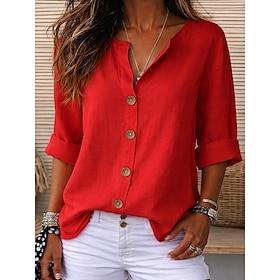 Women's 100% Cotton Blouse  Linen Shirt Buttons Solid Color Daily Casual 3/4 Length Sleeve V Neck Regular Tops Daily Black White Red Orange Green Summer Spring