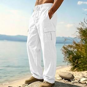 Men's Cargo Pants Linen Pants Trousers Summer Pants Beach Pants Drawstring Elastic Waist Multi Pocket Plain Comfort Breathable Daily Outdoor Beach Vacation Fas
