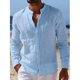 Men's Shirt Linen Shirt Summer Shirt Beach Shirt Solid Color Casual Vacation Blue Black White Pink Long Sleeve Mandarin Collar Summer Spring Clothing Apparel R