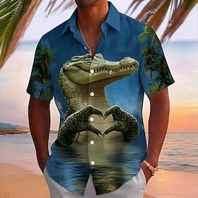 Herre Dyr Krokodille Hjerte formet Hawaii skjorte Button Up skjorte Aloha skjorte Kortærmet Hawaiiansk Sjov Ferierejse Sommer Forår Aftæpning 3D-udskrivning kr