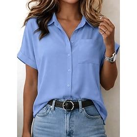 Dame Bluse Lomme Knapper Helfarve Mode Stilfuld Afslappet Kortærmet Krave Almindelige toppe Daglig Sort Hvid Lyserød Navyblå Himmelblå Sommer Forår Efterår