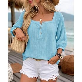 Dame Bluse Helfarve Vanlig Daglig Stilfuld Basale 3/4-ærmer Firkantet hals Crop Tops Daglig Blå Gul Lyserød Sommer Forår