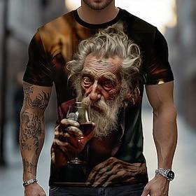 Old Man Drinking Red Wine Men's Graphic T Shirt Artistic Cinematic Portrait Wine Lover Short Sleeve Crew Neck Casual Tee Unique Gift for Him Designer Clothing