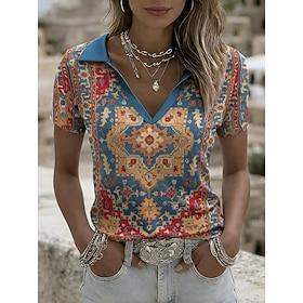 Women's T Shirt Color Block Print Graphic Geometric Stylish Classic Casual Short Sleeve Polo Collar Regular Tops Casual Daily Going out Blue Red Purple Green S
