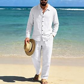 Men's Linen Shirt 2 Piece Shirt Set And Linen Pants Trousers Casual Pants Set Plain Daily Outdoor Beach Turndown Long Sleeve Summer Spring Fashion Casual Comfo