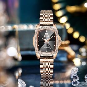 Ladies Fashion Watch Rose Gold, Tonneau Case Crystal Bezel Black Dial Quartz Wrist Watch, Stainless Steel Link Bracelet Elegant Business Dress Watches for Wome