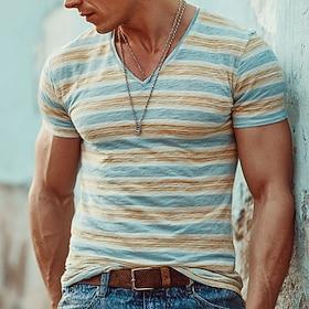 Men's Light Blue Orange Horizontal Stripes Heathered Retro Vintage V Neck T Shirt Tee All Over Print Slim Muscle Fit Summer Beach Casual Daily Wear Designer Cl