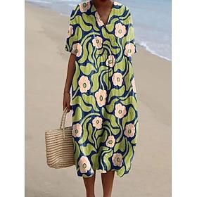 Dame Midikjole Skift Kjole Sommerkjole Ferie Afslappet Strandstil Daglig I-byen-tøj Regulær Nuance Blomstret Grafisk Kortærmet V-hals Flåde Lysegrøn Rød Lysebr