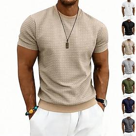 Herre Vaffel T-shirt T-shirt Kortærmet skjorte Tee Top Kortærmet Rund hals Sommer Forår Helfarve Gade Stilfuld Sporty Jacquard Daglig udendørs Ferierejse Hvid