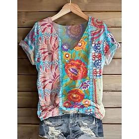 Women's T Shirt Print Floral Graphic Plants Vintage Stylish Casual Short Sleeve V Neck Regular Tops Daily Weekend Blue Purple / Blue White Yellow Pink Summer S