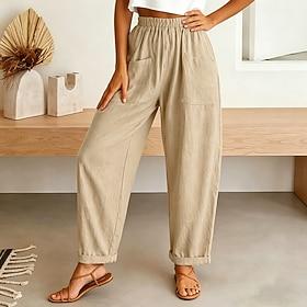Women's Cotton Linen Pants Trousers Summer Pants Beach Pants Vacation Fashion Casual Daily Full Length Mid Waist Solid Color Plain Pocket Elastic Waistband Com
