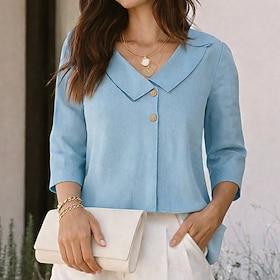 Women's Shirt Summer Shirt Casual Shirt Button Up Shirt Buttons Solid Color Plain Elegant Vacation Fashion Turndown Long Tops Streetwear Beach Holiday Blue Sum