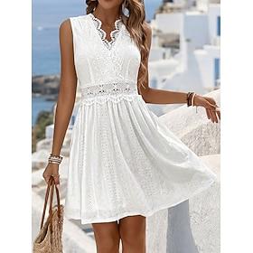 Women's Knee Length Dress Lace Dress White Dress Casual Dress Summer Dress Elegant Fashion Beach Vacation Holiday Regular Fit Floral Sleeveless V Neck Blue Bla