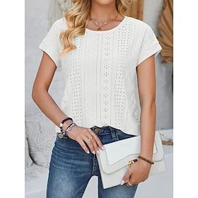 Women's Eyelet Top Pointelle Tee Textured Graphic Plants Stylish Classic Short Sleeve Round Neck Regular Tops Casual Daily Beach Black White Yellow Pink Dusty