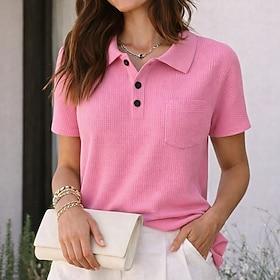 Dame Skjorte Vaffelskjorte Casual skjorte Button Up skjorte Lomme Helfarve Vanlig Elegant Ferie Mode Kortærmet Aftæpning Almindelige toppe Streetwear Strand Fe