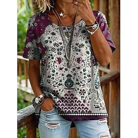 Dame T-shirt Trykt mønster Blomstret Grafisk Planter Årgang Stilfuld Afslappet Kortærmet V-hals Almindelige toppe Afslappet Daglig Weekend Blå Aske Rosa Orange