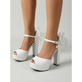 Hvide damesandaler med blokhæl og peep toe-design, ankelrem og festsko med sløjfedetaljer til havefester og sommerarrangementer særlige lejligheder